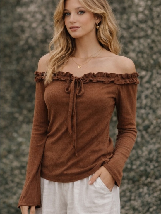 PrettyGarden Sweaters - PrettyGarden Brown Off Shoulder Ribbed Top XL Boho Long Sleeve Tie Neck